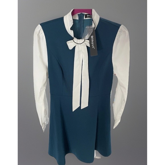 Allegra K Women's Size S Contrast Color Puff Sleeve Bow Flare Dress Teal Twee - Picture 2 of 12